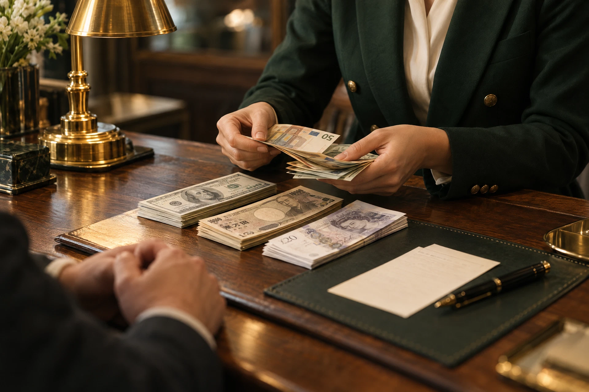 Consultor de câmbio contando cédulas estrangeiras para um cliente