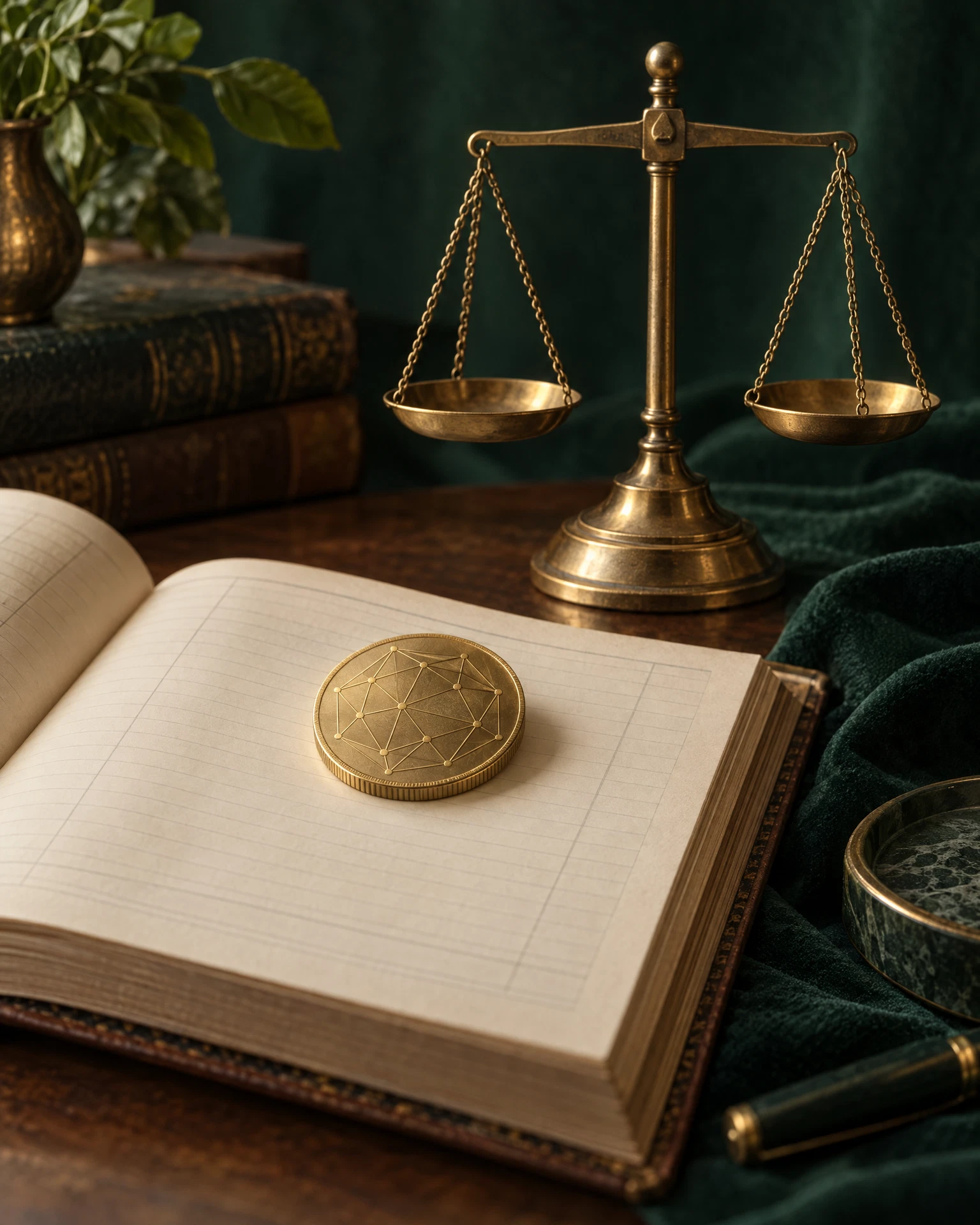 Moeda dourada sobre livro-razão ao lado de uma balança em equilíbrio